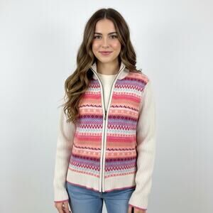 Charter Club Fair Isle Cream Pink Full Zip Sweater XL Wool Blend Cabin Pastel